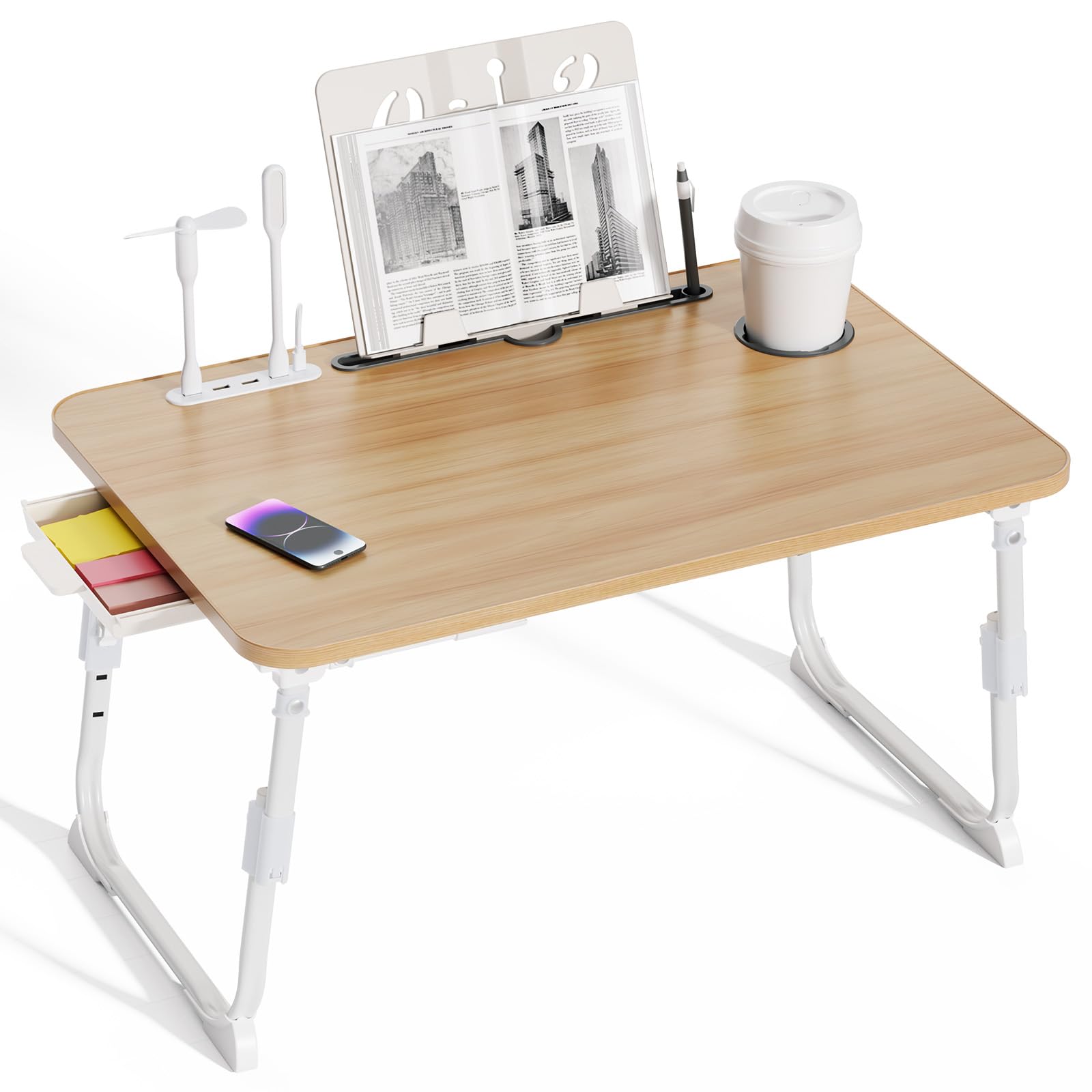 Warmiehomy Laptop Table Height Adjustable, Laptop Desk with USB Ports, Bed Table with Cup Holder&Tablet Slot&Bookstand, Laptop Tray with Legs on Bed or Sofa for Working/Reading, Walnut