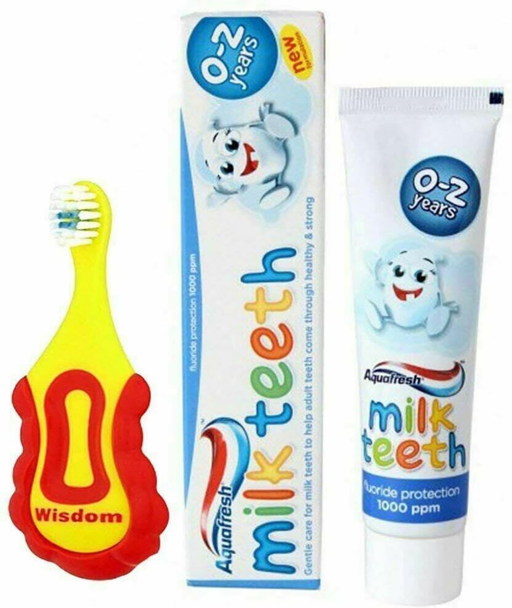 Wisdom Step-by-Step Baby Toothbrush 0-2 Years and Aquafresh Milk Teeth Babies Toothpaste 50ml Set, Supersoft Brush Extra Small Head, Gentle Brushing & Cleaning