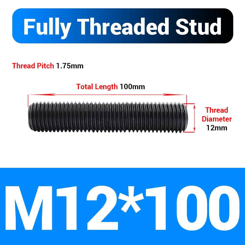 Lot de 5 tiges filetées M12 x 100 mm, en acier au carbone de grade 10.9, finition oxyde noir, longues tiges filetées pour fixations de maintenance industrielle de meubles