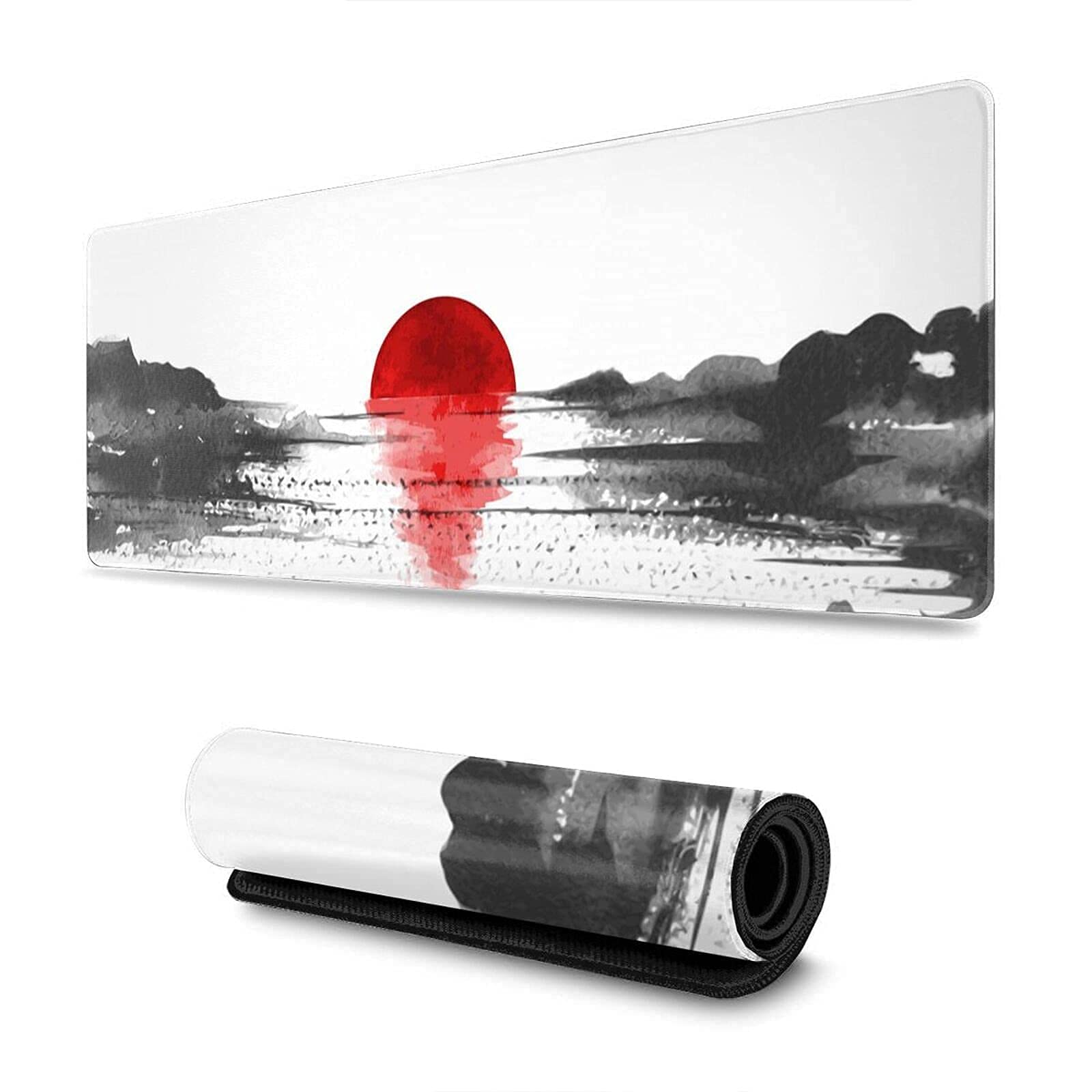 Gaming Mouse Pad, Black and White Cherry Blossom Extended Large Mouse Mat Desk Pad, 3 mm Thick Long Non-Slip Rubber Stitched Edges Mouse pad (31.5 X 11.8 Inch) (Sunset)