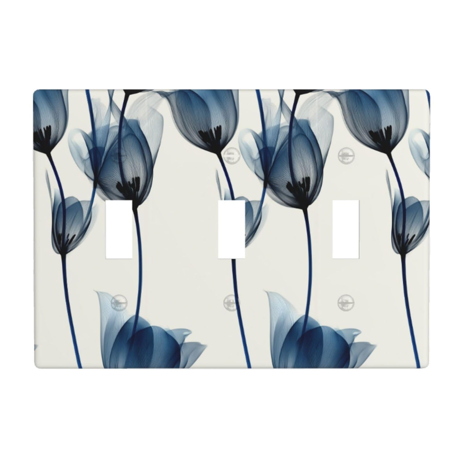 Woshuwo White Abstract Blue Tulips Light Switch Covers 3 Gang Triple Toggle Wall Plate Switchplate Electrical Faceplate For Bathroom Kitchen Bedroom Decor