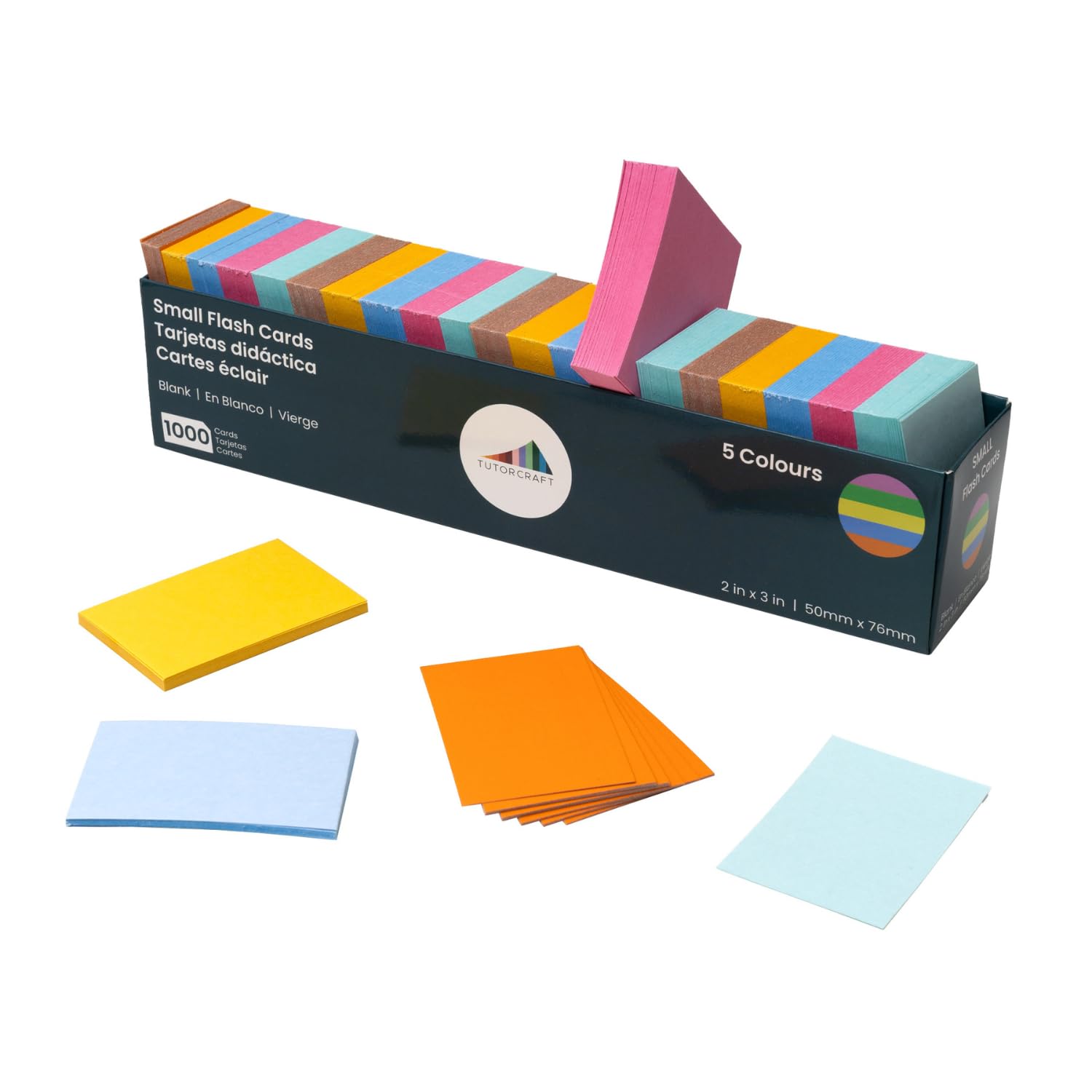 TutorCraft Flash Cards Revision Cards (7.6x5cm, 1000 Pack) – Durable Blank Index Card for Study Revision Color-Coding & Project Management 5 Colour