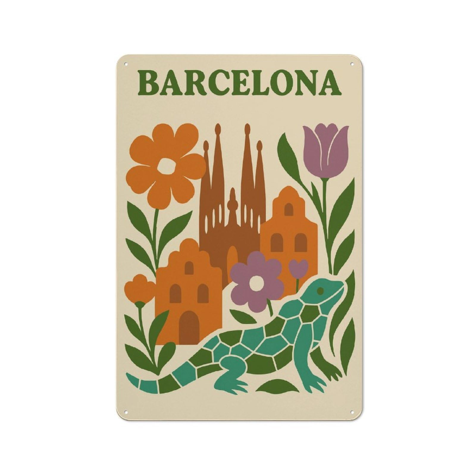 Junmoney Style-9 Urban Barcelona Cityscape With Lizard And Flowers Decorative Metal Plaque 30X20cm, Urban Room Decor For Flat, Bar, Studio Or Gallery Wall