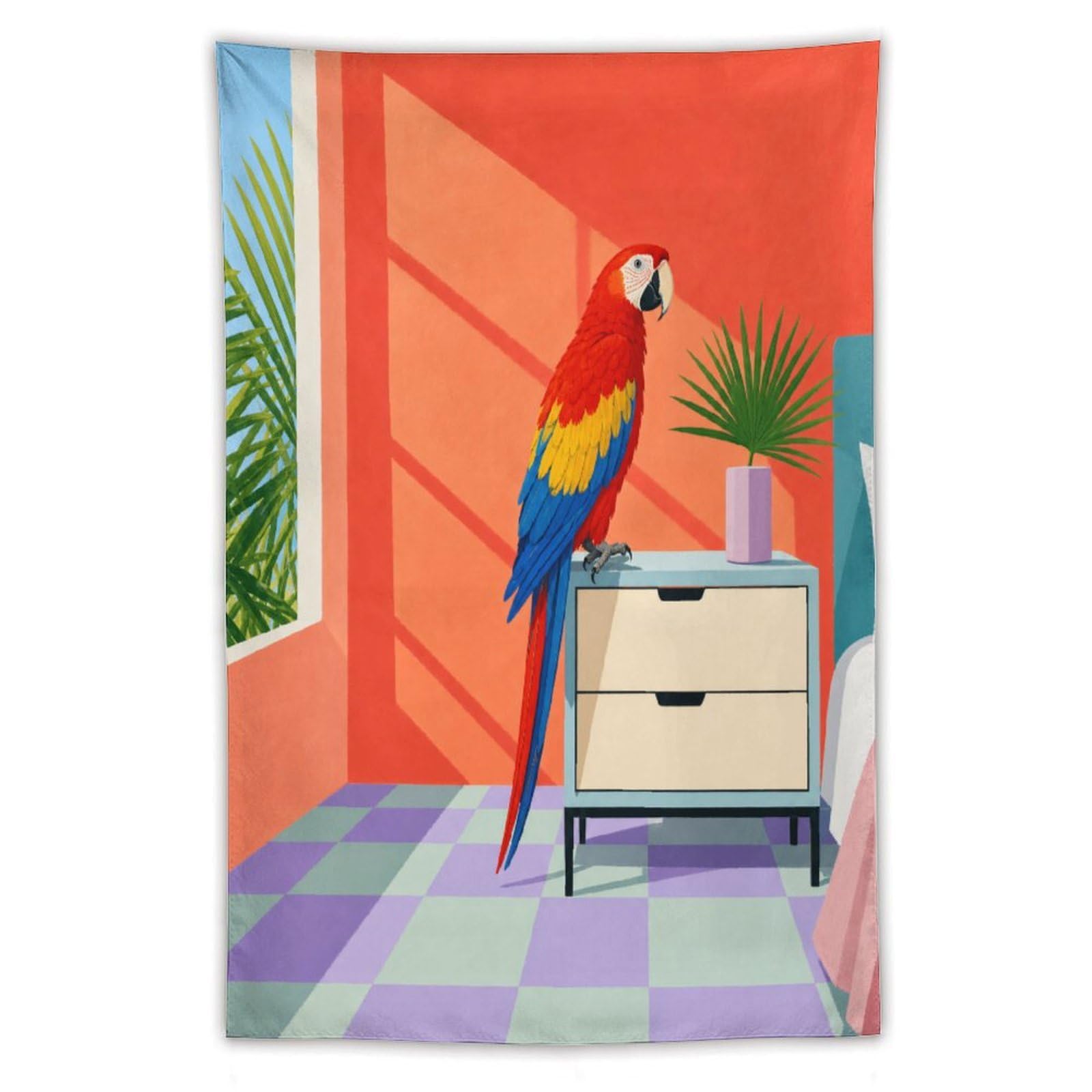H3B8U2Y5 Parrot in Bright Room Wall Tapestry, Geometric Art Style, Office