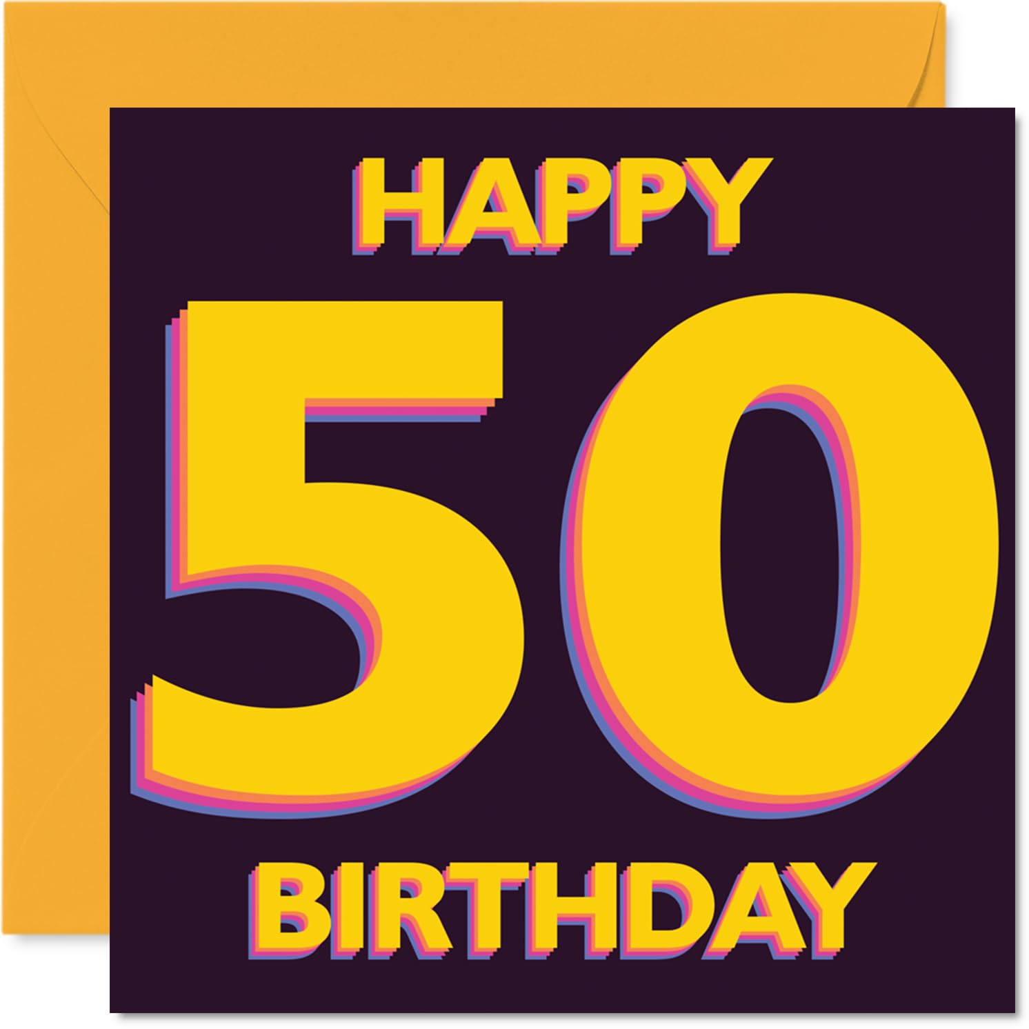 Playful 50th Birthday Card - Bursting with Birthday Cheer - Bold 5th Motif in Vibrant Yellow and Purple - Playful Typography Makes It Pop - 145mm Square, Envelope Included
