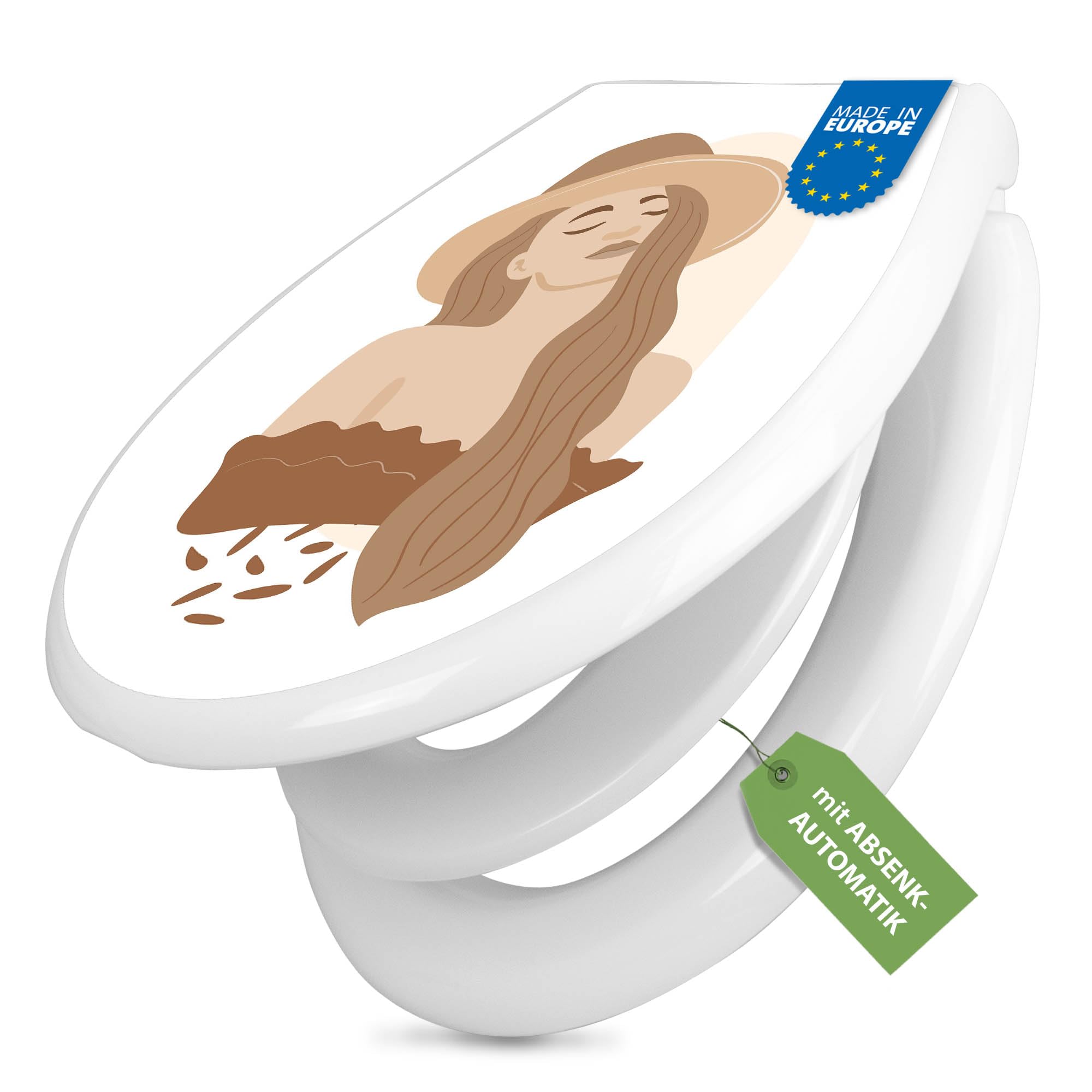 banjado Familien WC Sitz mit Absenkautomatik 44,9x37,1cm - Klobrille mit Kindersitz aus hochwertigem Polypropylen - Toilettendeckel mit Kinder Toilettensitz integriert - Motiv Boho Frau