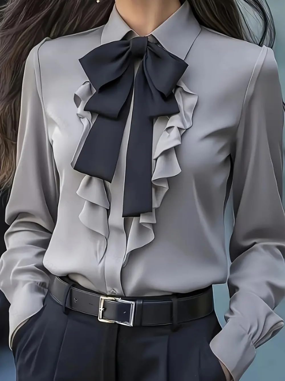 Camicette da donna con fiocco, stile vintage, a maniche lunghe, con volant, casual, da smoking, da lavoro