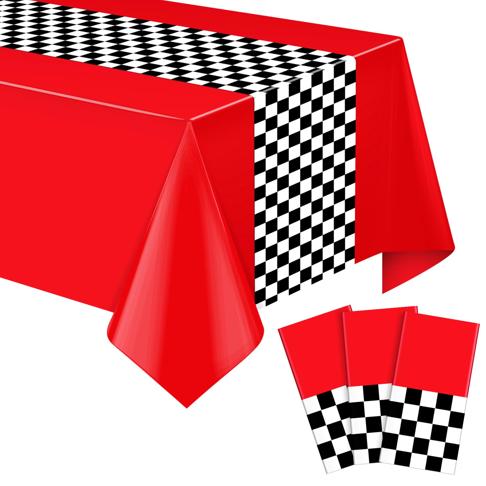 Photo 1 of 3 Pack Race Car Plastic Tablecloth, Disposable Red and Black Checkered Table Cloth, Racecar Buffalo Plaid Rectangle Tablecloth for Race Car Boys Birthday Party Supplies Decorations, 54 x 108 Inch