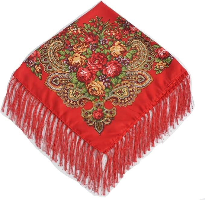 Women Russian Style Peony Floral Printed Long Tassel Large Square Scarf Warm Cotton Wrap Traditional Ethnic Mexican Shawl