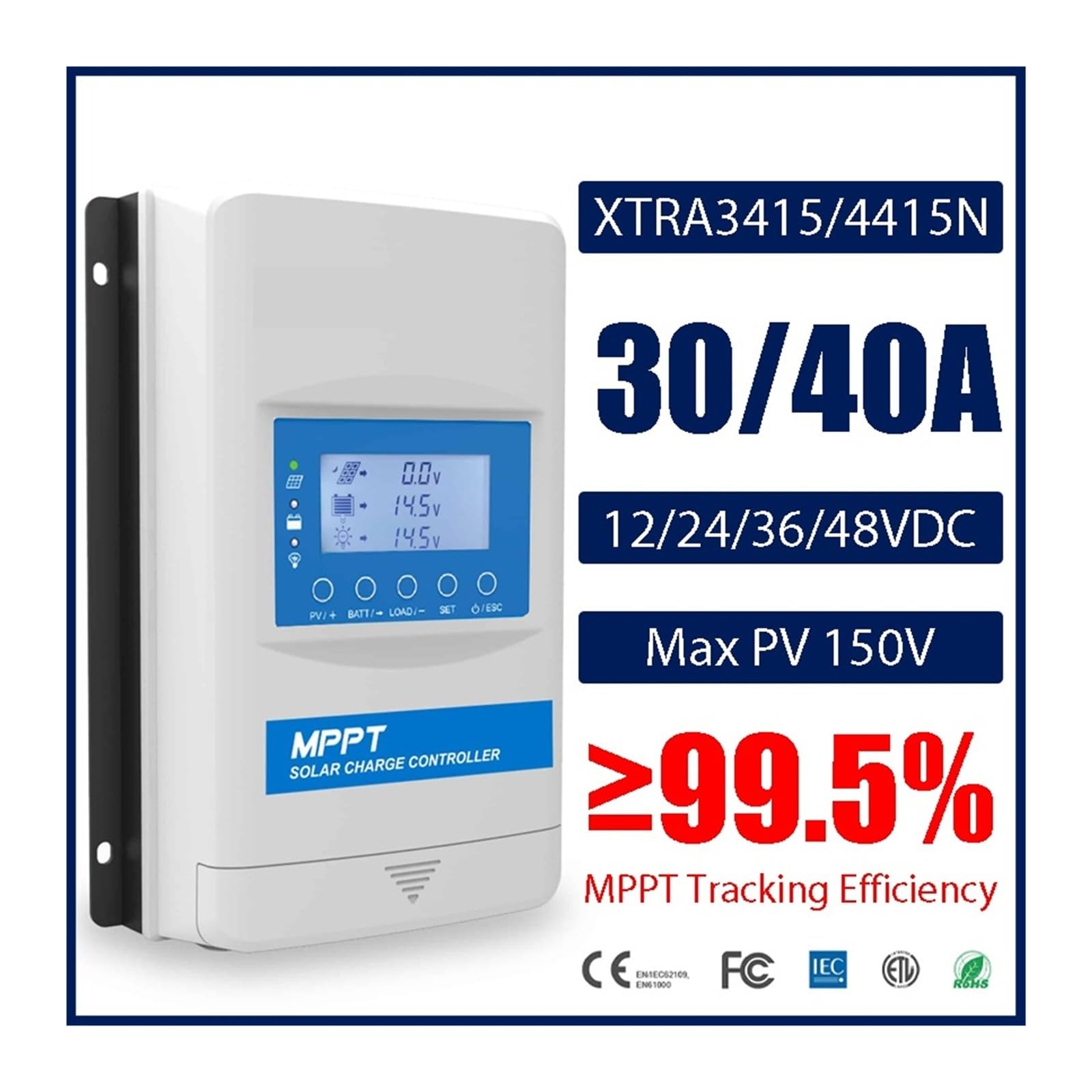 Kontroler ładowania słonecznego regulator ładowania słonecznego MPPT 30A/40A obsługuje akumulator litowy 12/24/36/48 V regulator PV Xtra Max 150 V do domowej energii słonecznej(3415N)