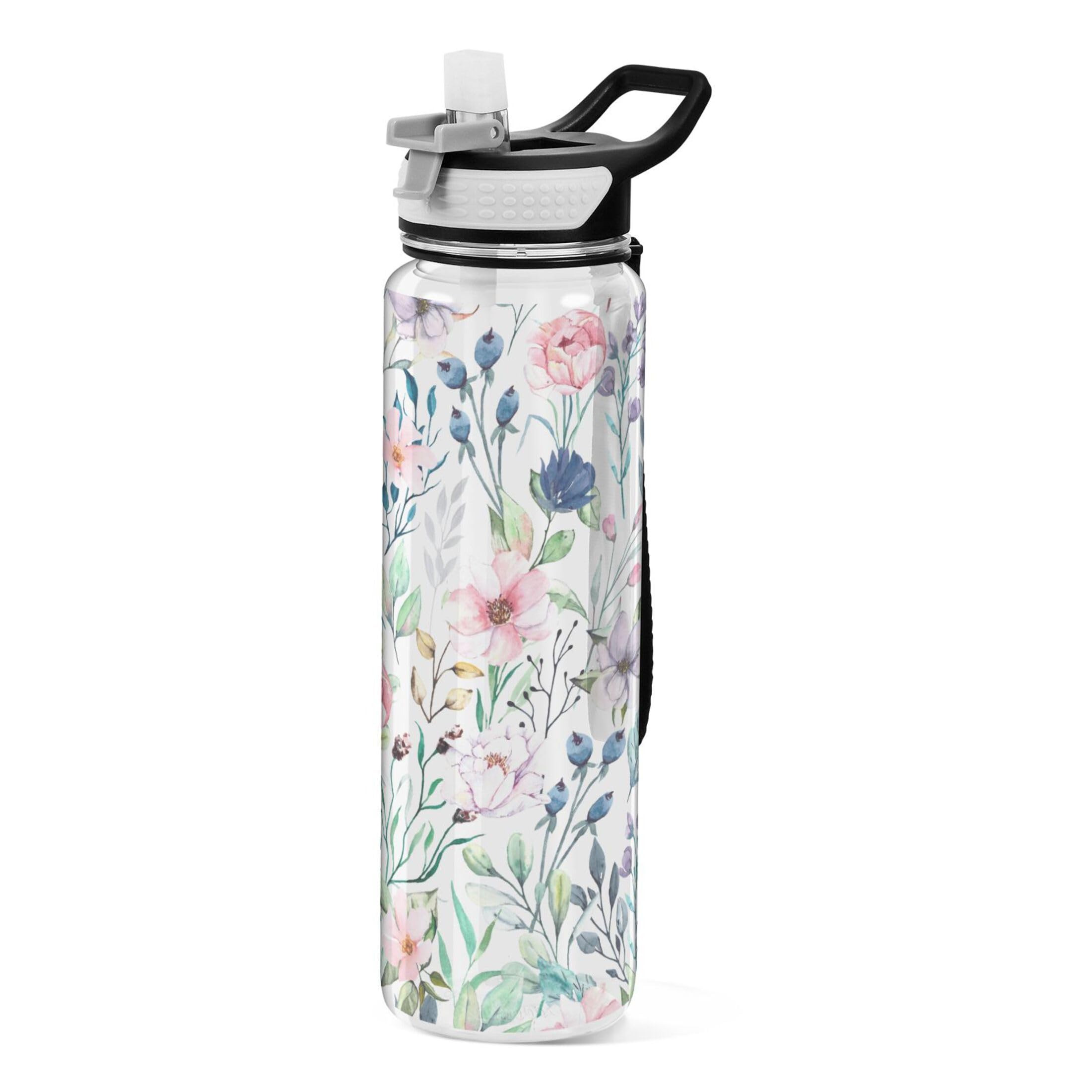 Sevdomey Watercolor Floral Water Bottle With Straw Lid Clear Leakproof Gym Water Bottles For Outdoor Sport Drinking Fitness Workout Travel, 32 Oz