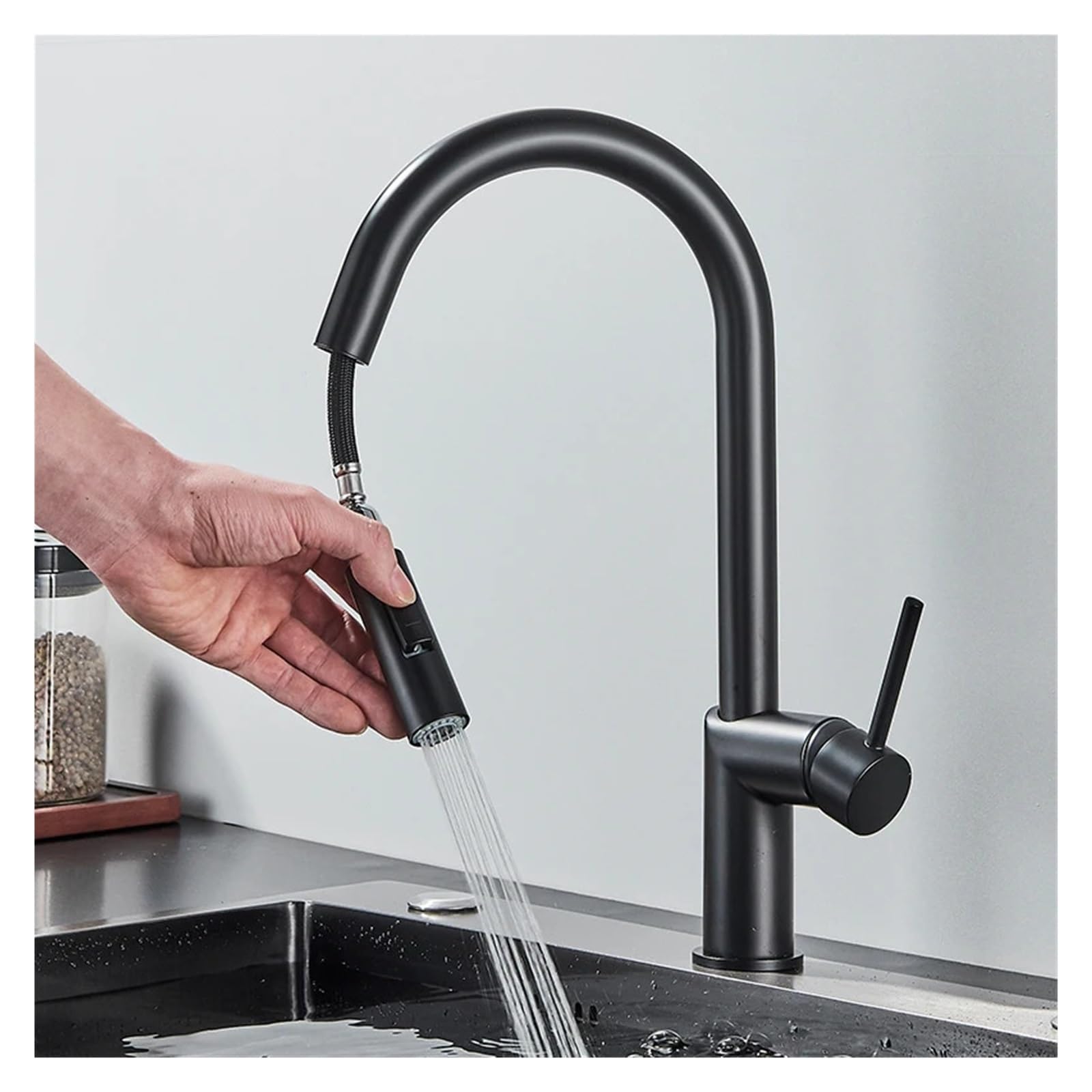 Rubinetto miscelatore acqua calda e fredda a due vie con getto estraibile nero opaco girevole a 360 gradi montato sul piano(Matte Black)