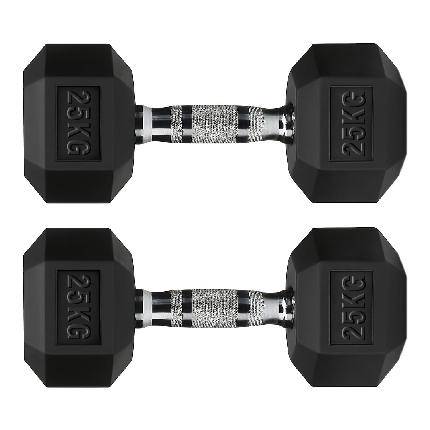 Hex Dumbbells Rubber Coated Cast Iron, Knurled Metal Handles, Anti-Roll Hex Design for Home Gym Strength Training and Weight Lifting, 1kg to 30kg Pairs and Sets (25kg-Pair)