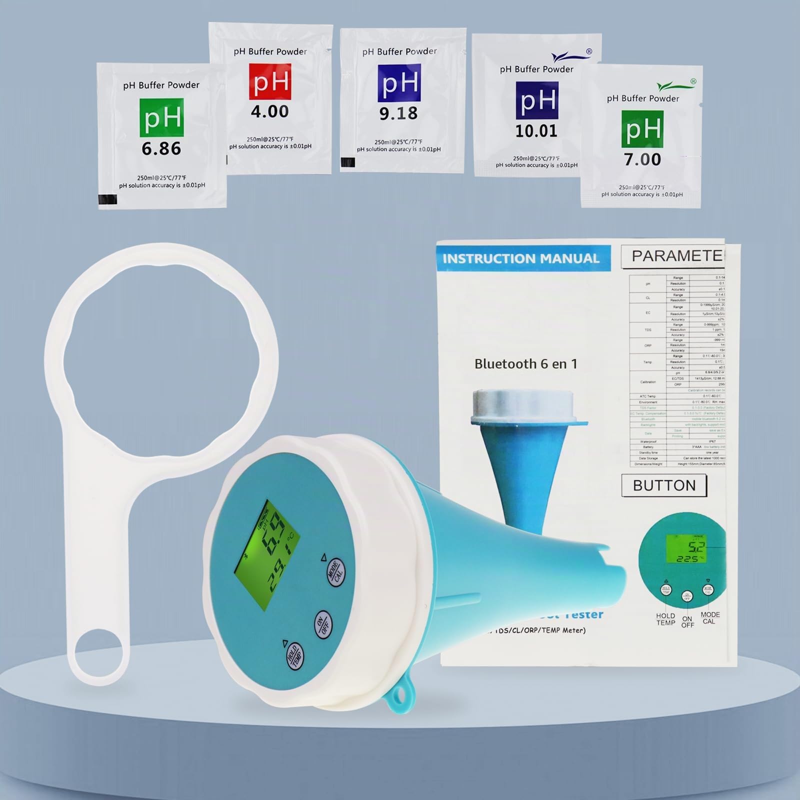 Monitor Digital Flotante de Agua 6 en 1 con Bluetooth | pH, EC, ORP, cloro, Salinidad y Temperatura en Tiempo Real | 1000 Registros de Datos, Resistente al Agua IP67, Monitorización 24 Horas