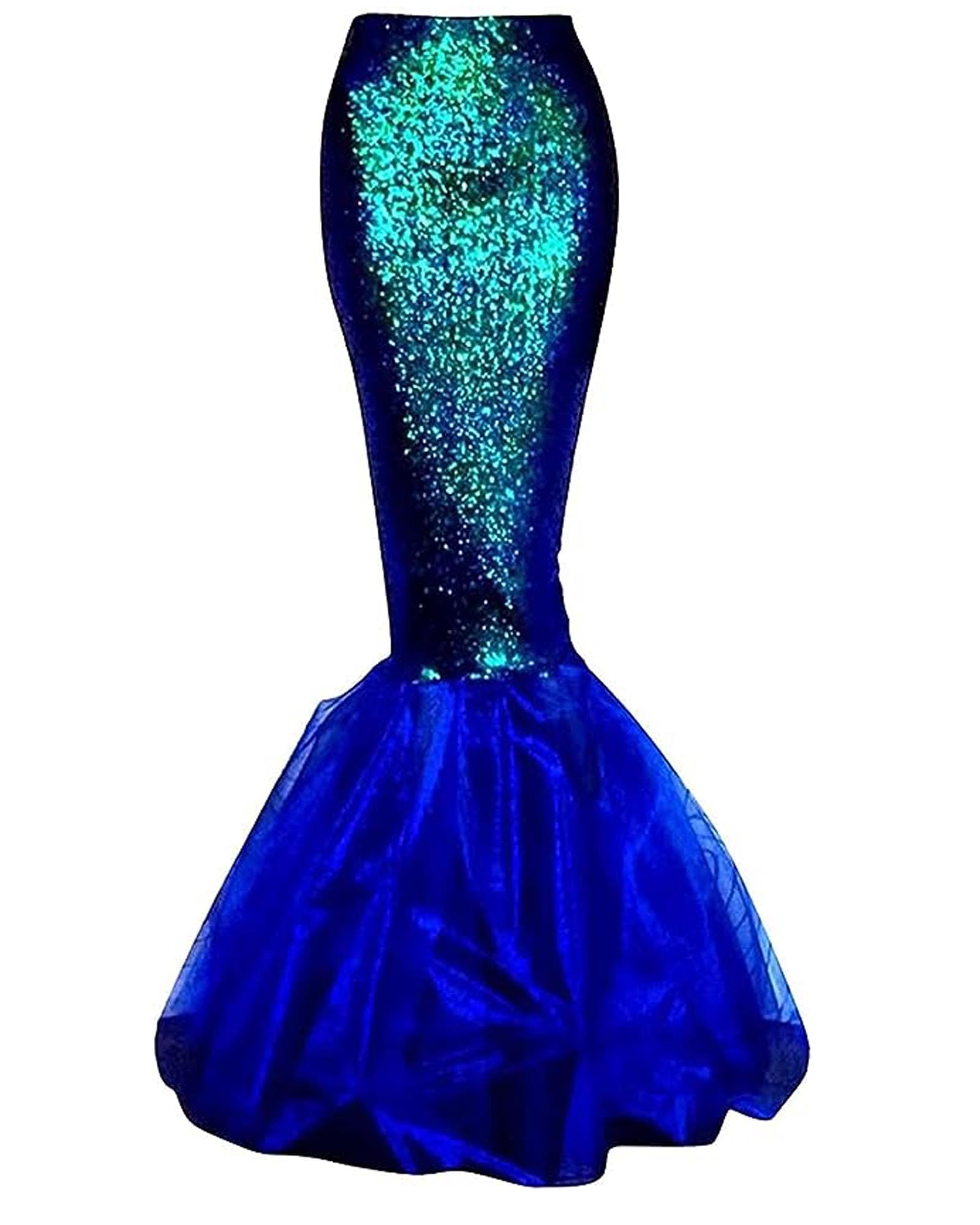 ensswliz Women Mermaid Skirt Costume Halloween Cosplay Fancy Sequins Long Tail Fishtail Skirt with Asymmetric Mesh Panel (B-Blue, S)