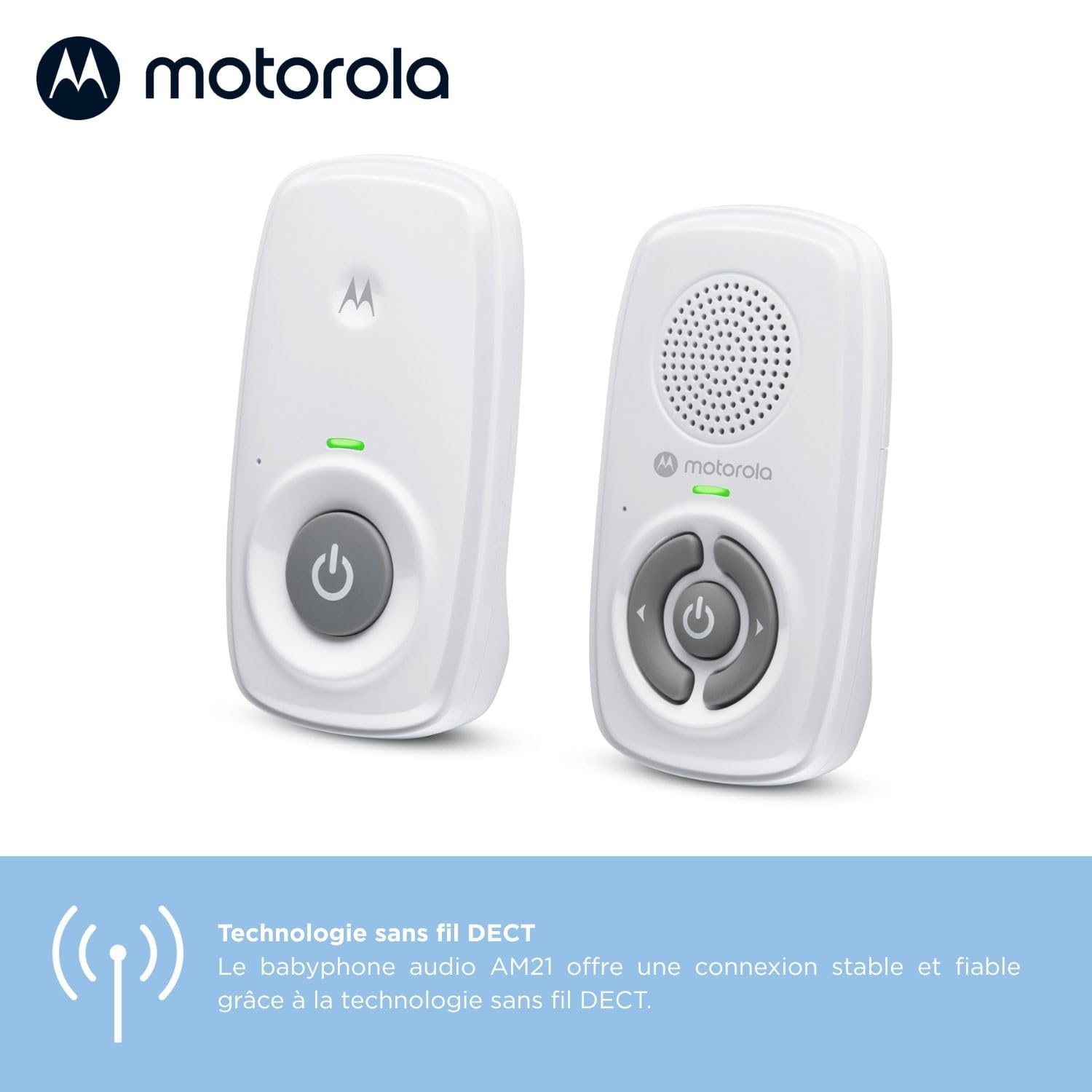 Motorola Nursery AM21 Audio Baby Monitor - Moniteur numérique avec Technologie DECT pour la Surveillance Audio - Longue portée - Microphone Haute sensibilité - Blanc