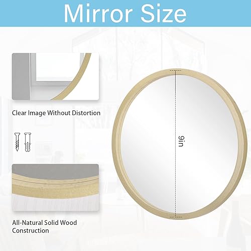 Miniatura 279 de JJUUYOU Espejo circular de pared redondo para baño, espejo de tocador gris, pequeño círculo decorativo para pared, marco de madera, espejo