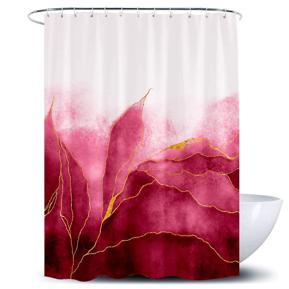 De-Mediocre Red Marble Shower Curtain Ombre Burgundy Gold Modern for Bathroom Art Decor Burgundy Golden Lines Striped Fabric Waterproof Polyester 72 x