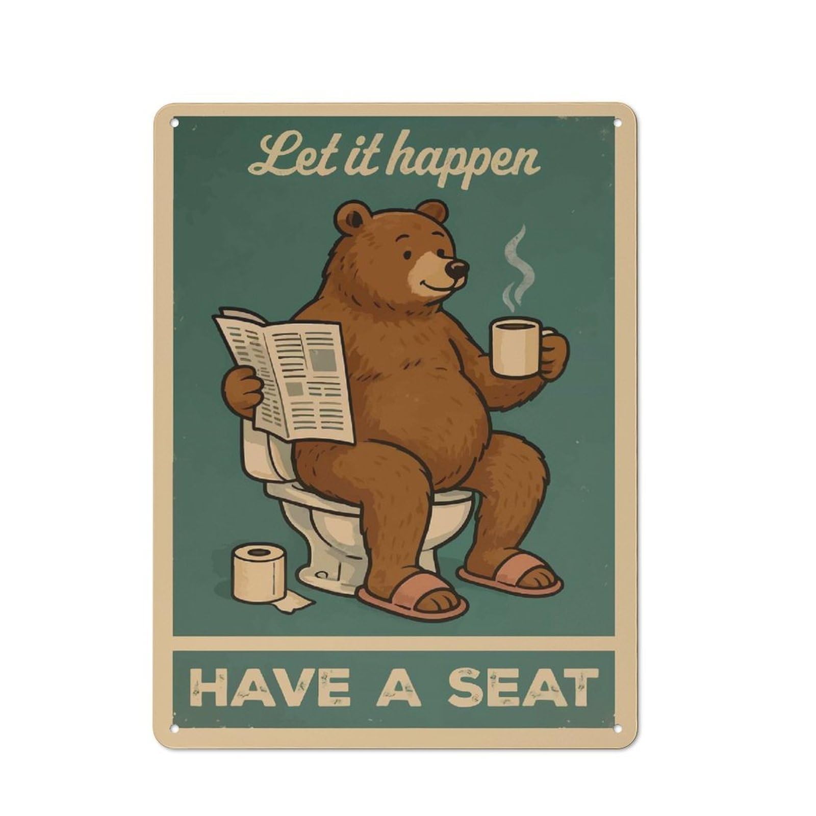 Bear on Toilet Reading Newspaper Cottage Style Metal Wall Decor 40x30cm, Tin Wall Plaque for Kitchen, Cottage, Porch Or Garden Room