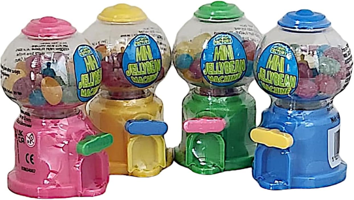 Mini Jellybean Machine Pack of 4 Assorted Fruit Candy Dispensers with 4 Flavours in 55g Each