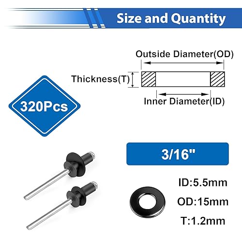 Miniatura 14 de Juego surtido de 375 arandelas de remaches negros para remaches negros de diámetro 3/32 pulgadas, 1/8 pulgadas, 5/32 pulgadas, 3/16 pulgadas, 1/4