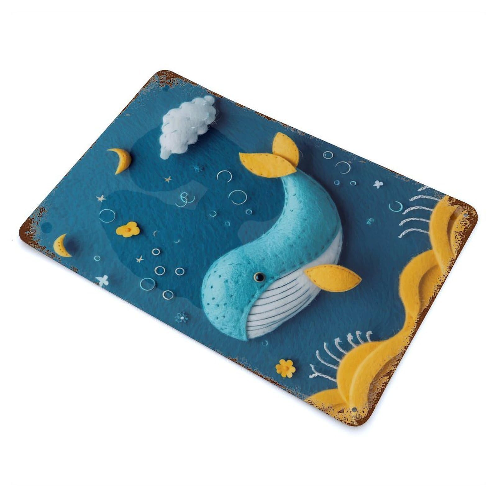 Rustic Tin Plaque Felt Whale in A Dreamy Seascape 11.8"x7.9", Rustic Home Decor for Office, Studio And Wall Decor