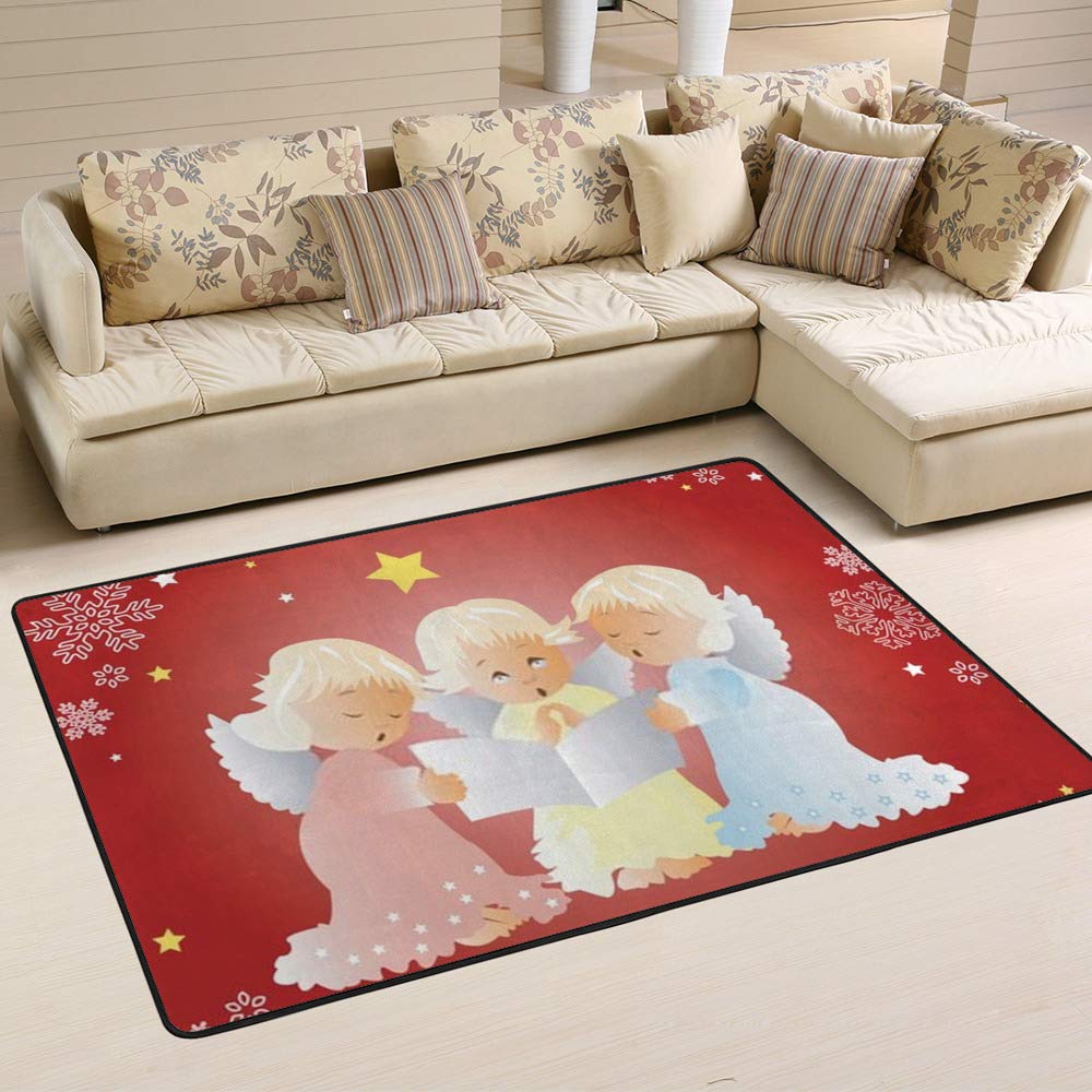 Tapis de Noël rouge grand format salon Ruchen avec motif ange et cantiques de fêtes