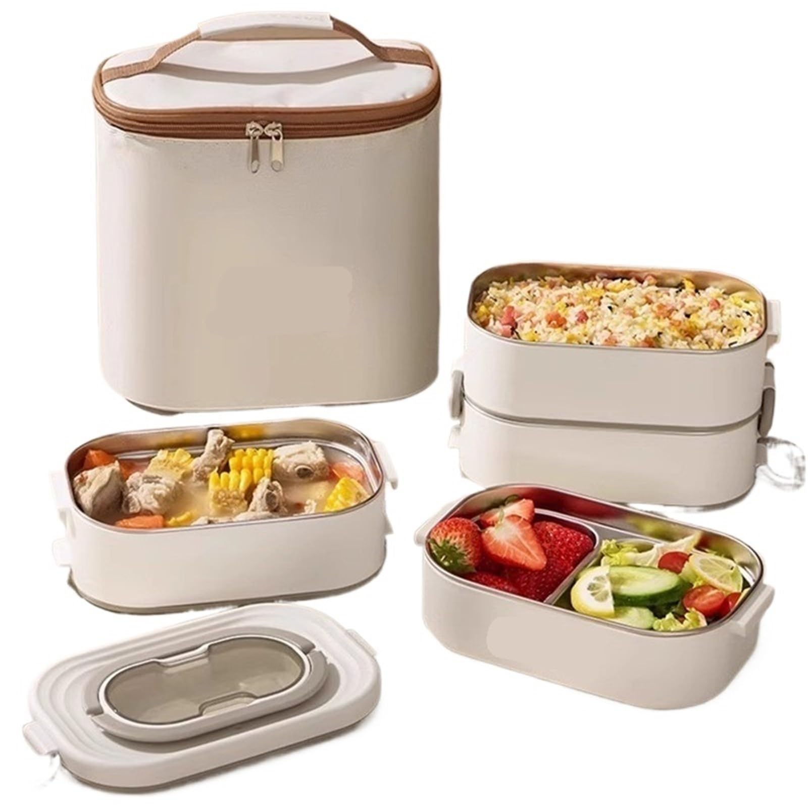 Fiambrera Lonchera térmica con contenedor de comida a prueba de fugas for adultos y estudiantes(750ml White and bag)