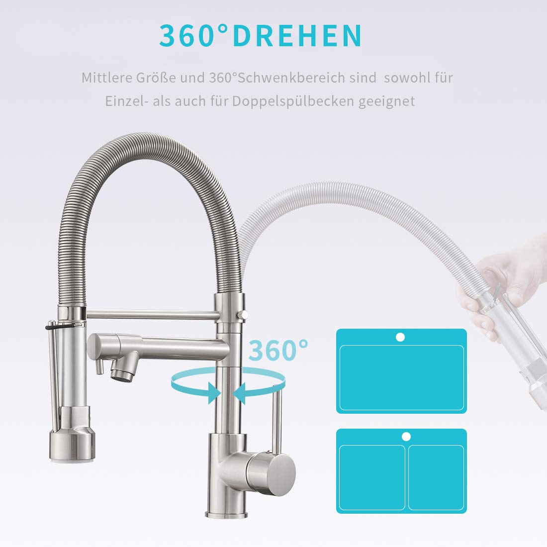 AIMADI Wasserhahn Küche Mischbatterien Pull Down Küchenarmatur mit Brause Spiralfederarmatur Küchenspüle Armatur Geschirrbrause Spültischarmatur Gebürsteter Nickel