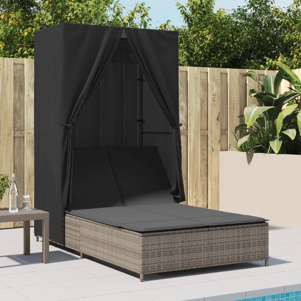 Doppio lettino prendisole con tettuccio in rattan, isola solare, grigio, 104 x 197 cm | Comoda isola prendisole per 2 persone per terrazza e giardino, con schienale regolabile e federe lavabili