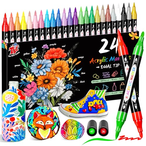 TBC The Best Crafts 24 Colors Dual Tip Acrylic Paint Markers, Waterproof, Non-Toxic, Odorless, Suitable for Paper, Pottery, Stones, Backpacks, Glass