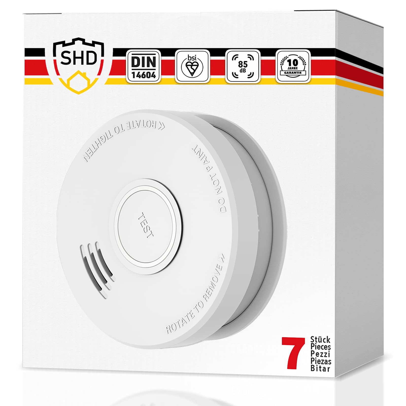 SHD Détecteur de fumée (7X), Détecteurs avec Alarme Incendie instantanée, Pile 9V remplaçable, Garantie 10 Ans, testé Selon la Norme DIN EN14604, certifié BSI, Bouton Test, Blanc, DOF19