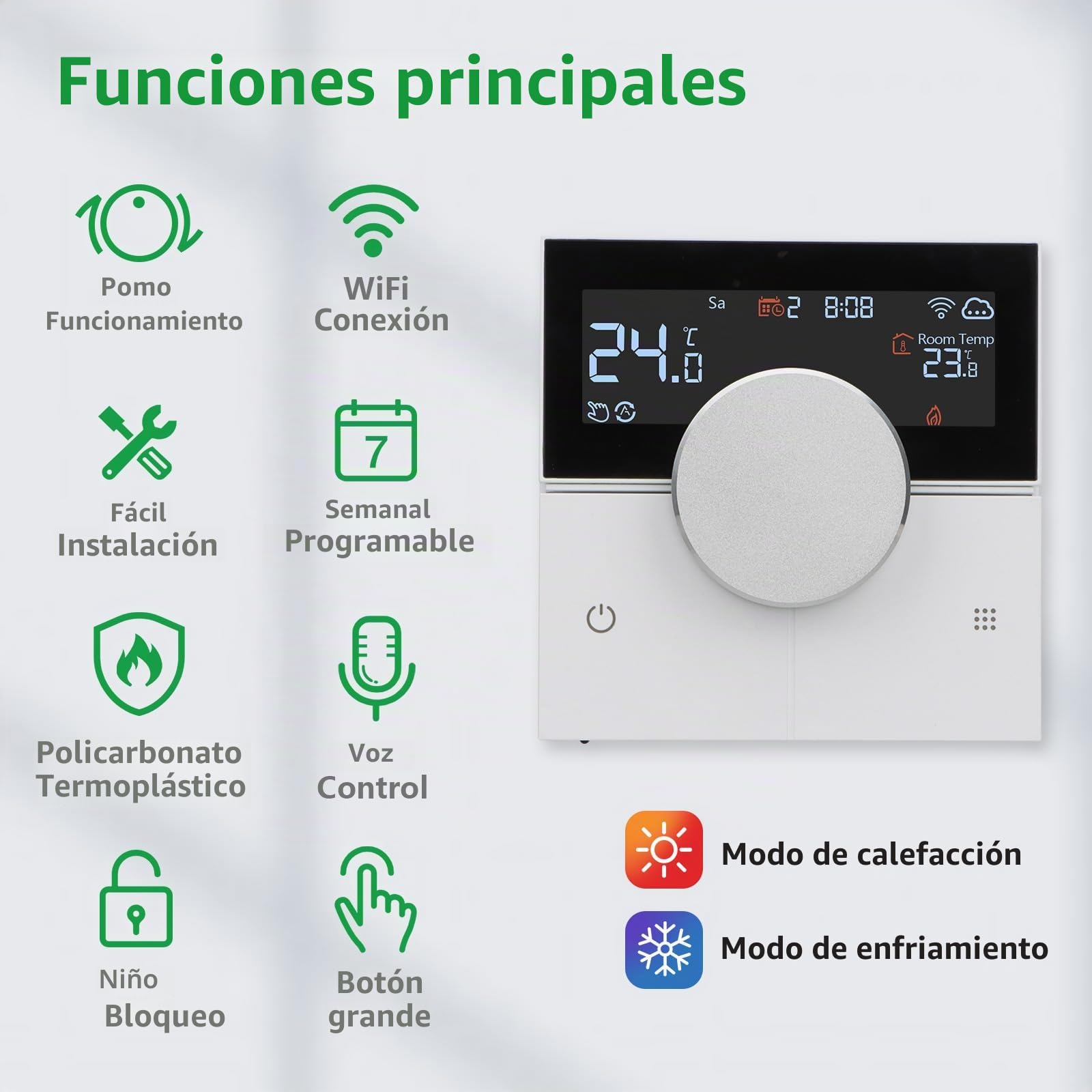 Wengart Termostato Inteligente WiFi WG12 para Suelo Radiante por Agua,230V 3A,Modos Frío/Calor (Aerotermia), Detección de Ventana Abierta,Compatible con Alexa y Google Home,Apto para Caja Redonda 60mm