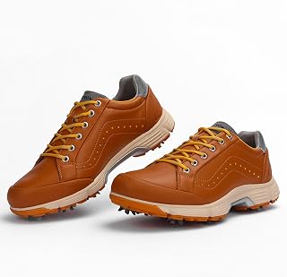TECDOTO Professional Men's Golf Shoes with Spikes, Men's Four Seasons All Weather Spiked Golf Boots, Classic Non-slip Lace-up Shoes, Waterproof Golf Sport Sneakers,Yellow-6UK