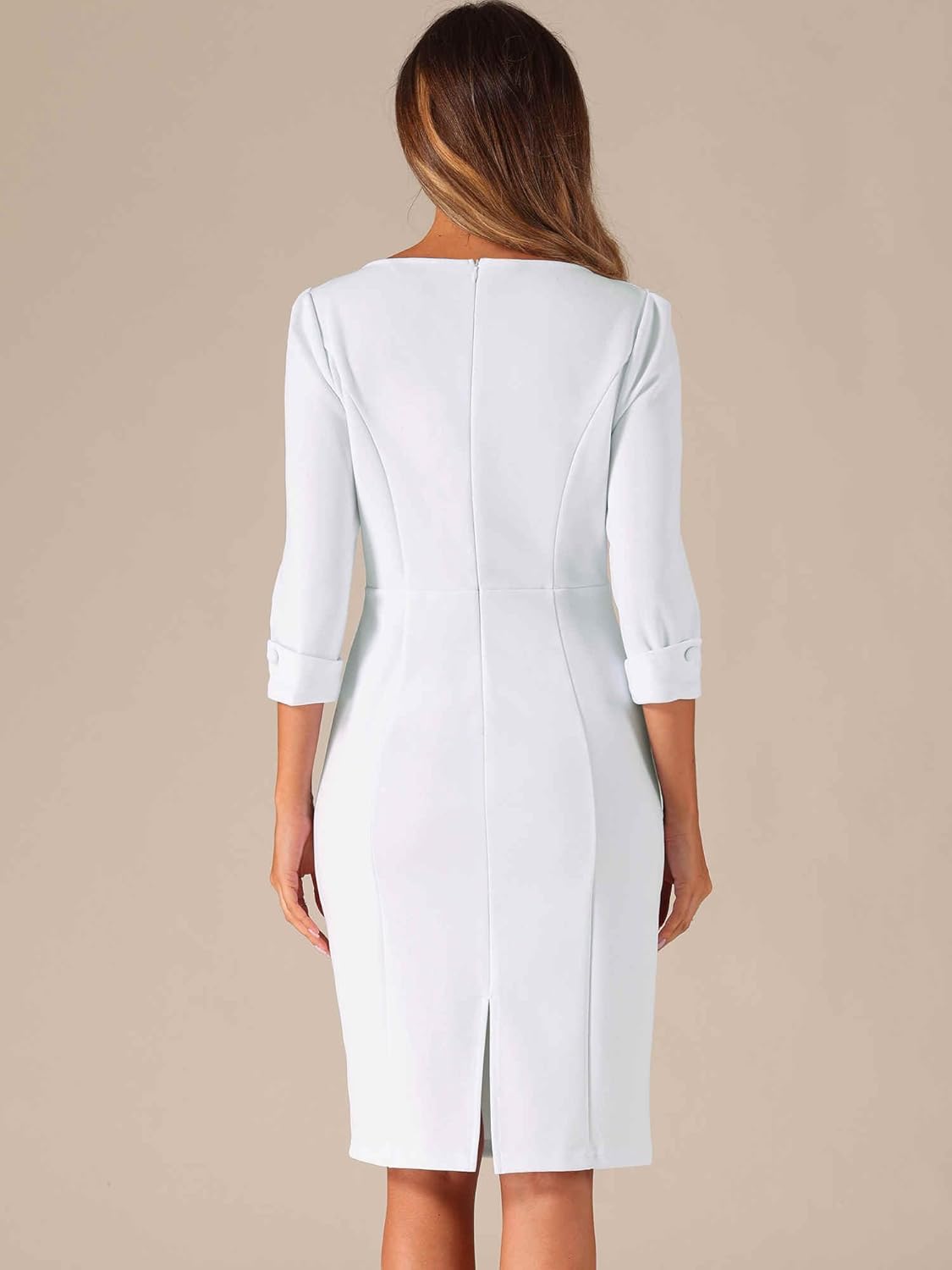 Allegra K Work Dress for Women 3/4 Sleeve Boat Neck Back Slit Business Bodycon Elegant Sheath Dresses - Image 2