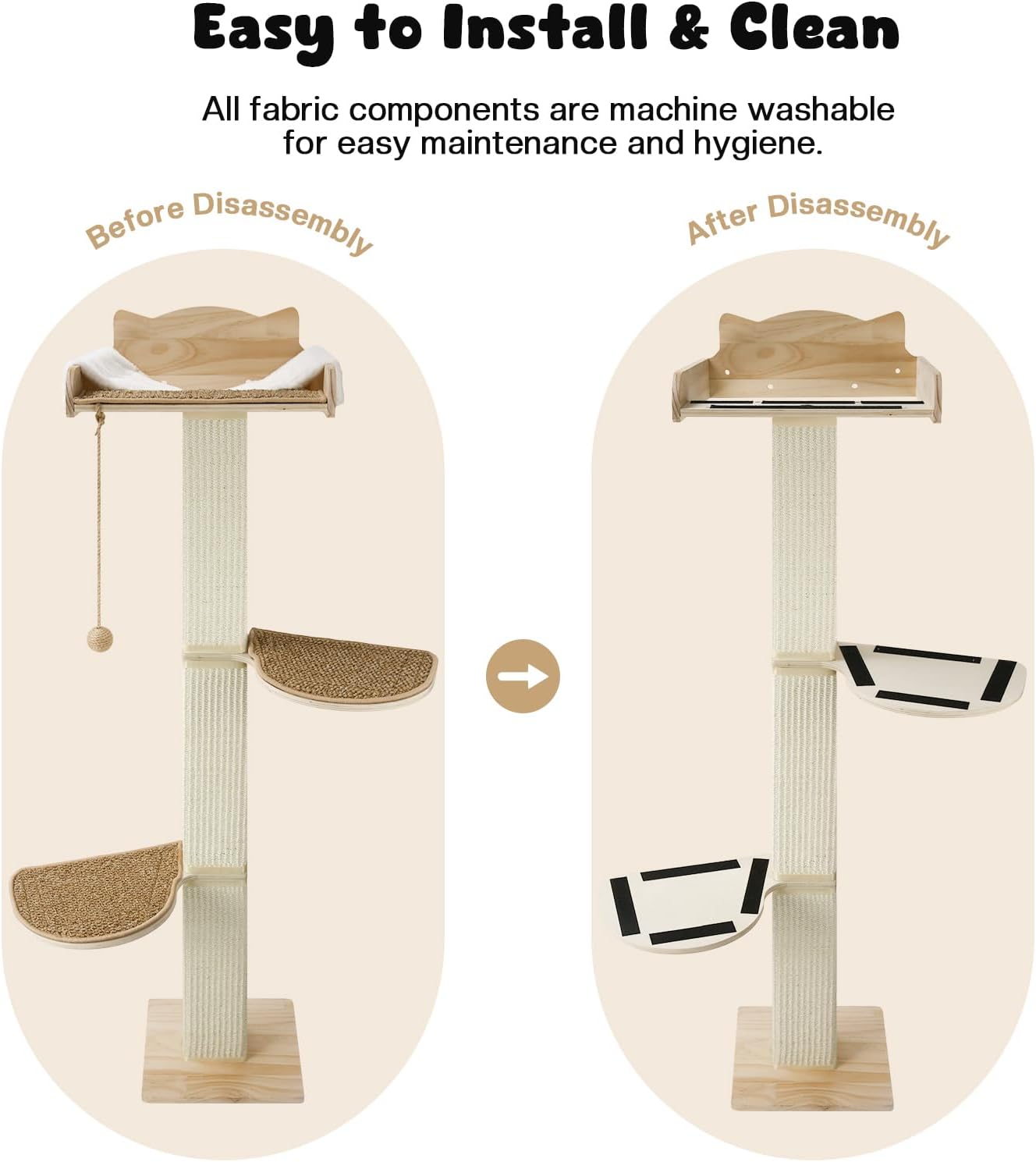 Solid Wood Cat Window Perch with 2 Jumping Platforms, Cat Hammock for Window with Scratching Post, Sisal Tall Cats Scratching Post with Large Perch, Wooden Cats Window Bed with 2 Suction Cups