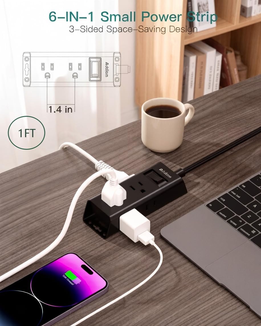 Addtam Flat Plug Power Strip with 6 Outlet Extender, 1 FT Extension Cord Flat Wall Plug with Multiple Outlets, No Surge Protector for Cruise Ship, Travel, Dorm, Home Office, Cruise Essentials, Black image 3