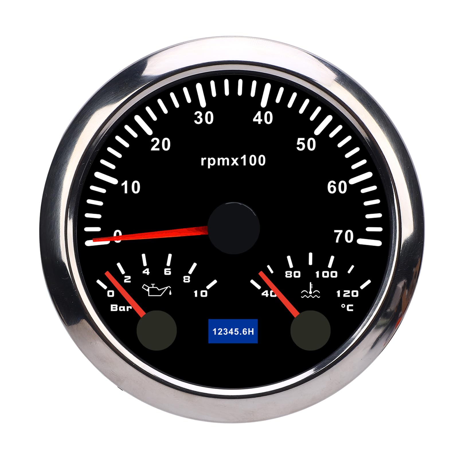Medidor de tacómetro Torvex, medidor de RPM 3 en 1 de 85 mm con medidor de temperatura de agua y presión de aceite 7000 RPM DC 9-32 V para camión, tractor y coche (Esfera negra y bisel plateado