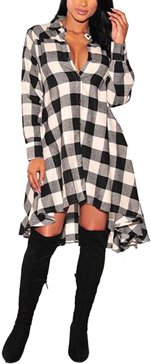 olrain Womens Plaids V Neck Long Sleeve Irregular Hem Casual Shirt Dress