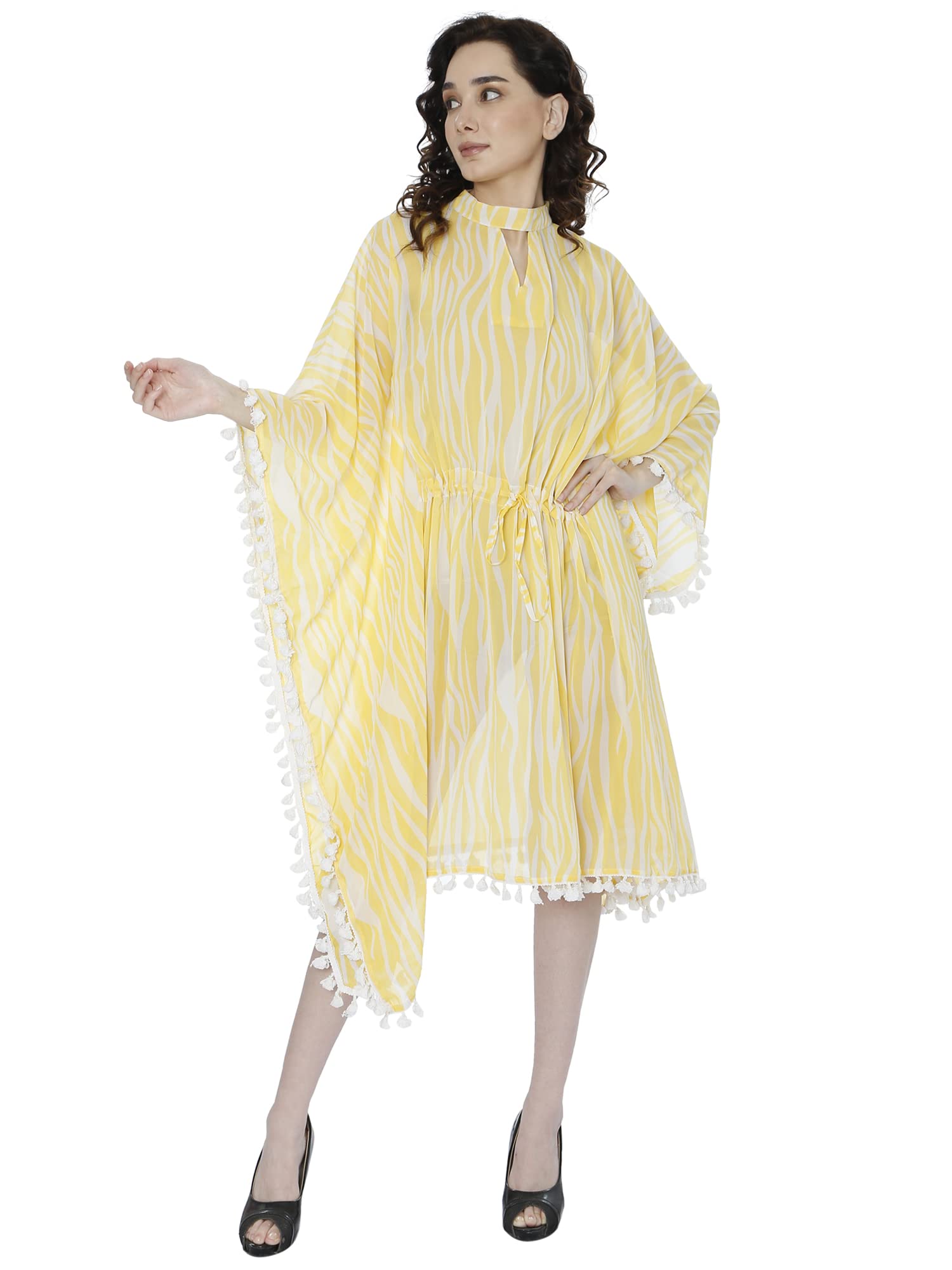 InTrend ForeverAnimal Printed Stripe Tropical Free Size Kaftan with Tassel Fringe Lace and Adjustable Drawstring