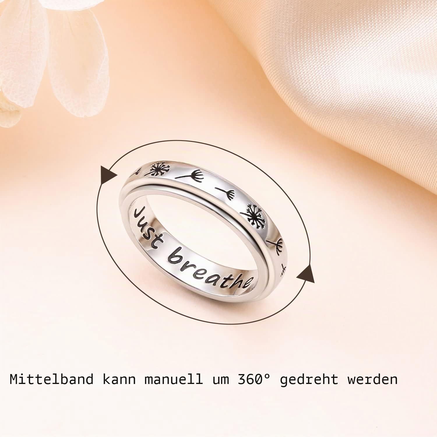 Flyow Weihnachtsgeschenke Just Breathe Spinner Ring für Damen Mädchen 925 Sterling Silber Löwenzahn Fidget Ringe für Angst Stress Relieving ADHD Autismus Ringe Inspirational Boho Band Ring