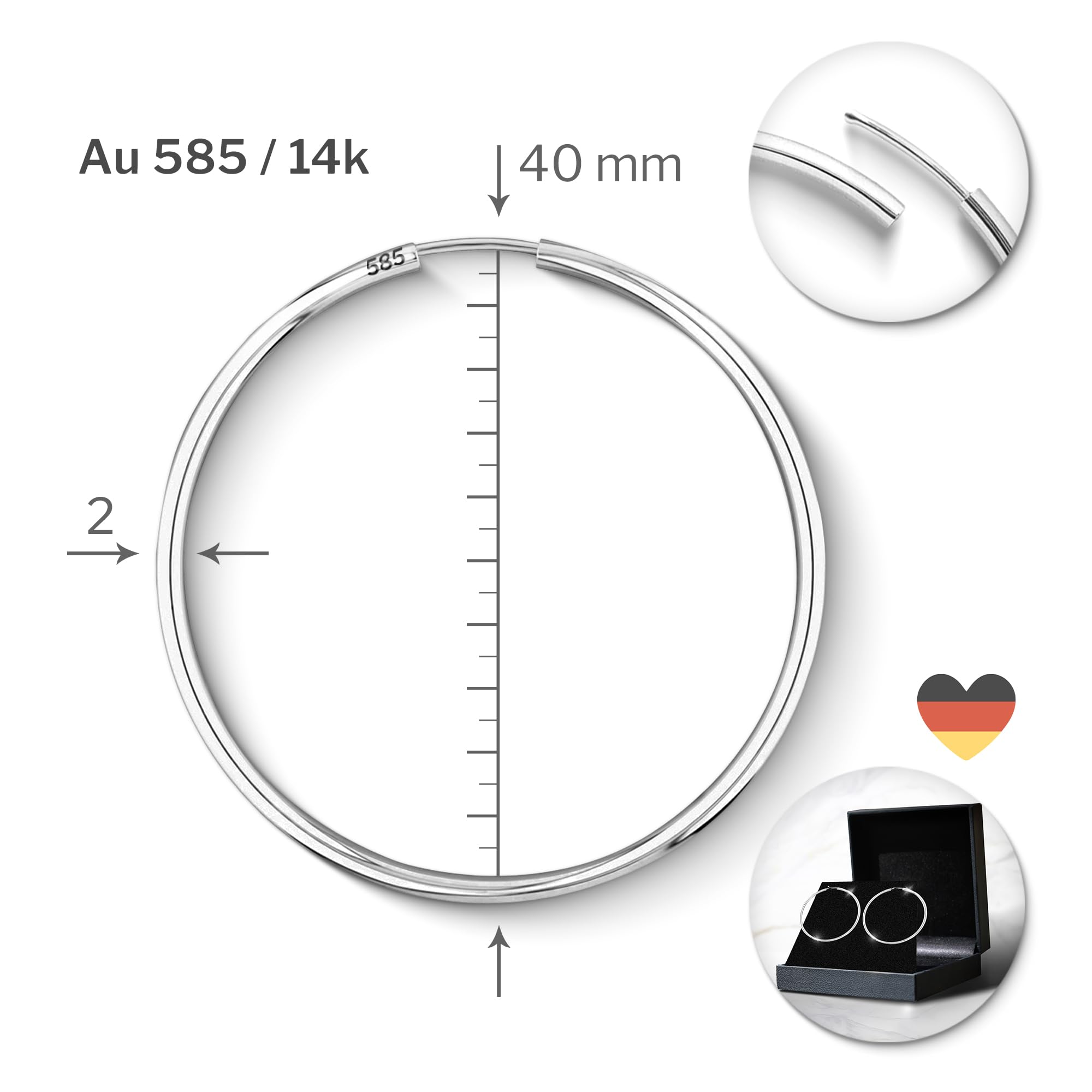 EDELIND Pendientes Aro Grandes finos 40mm 18K/750 14K/585 9K/375 Oro blanco Criollas grandes mujer, ancho 2 mm Aretes de oro puro con Caja de regalo de joyería