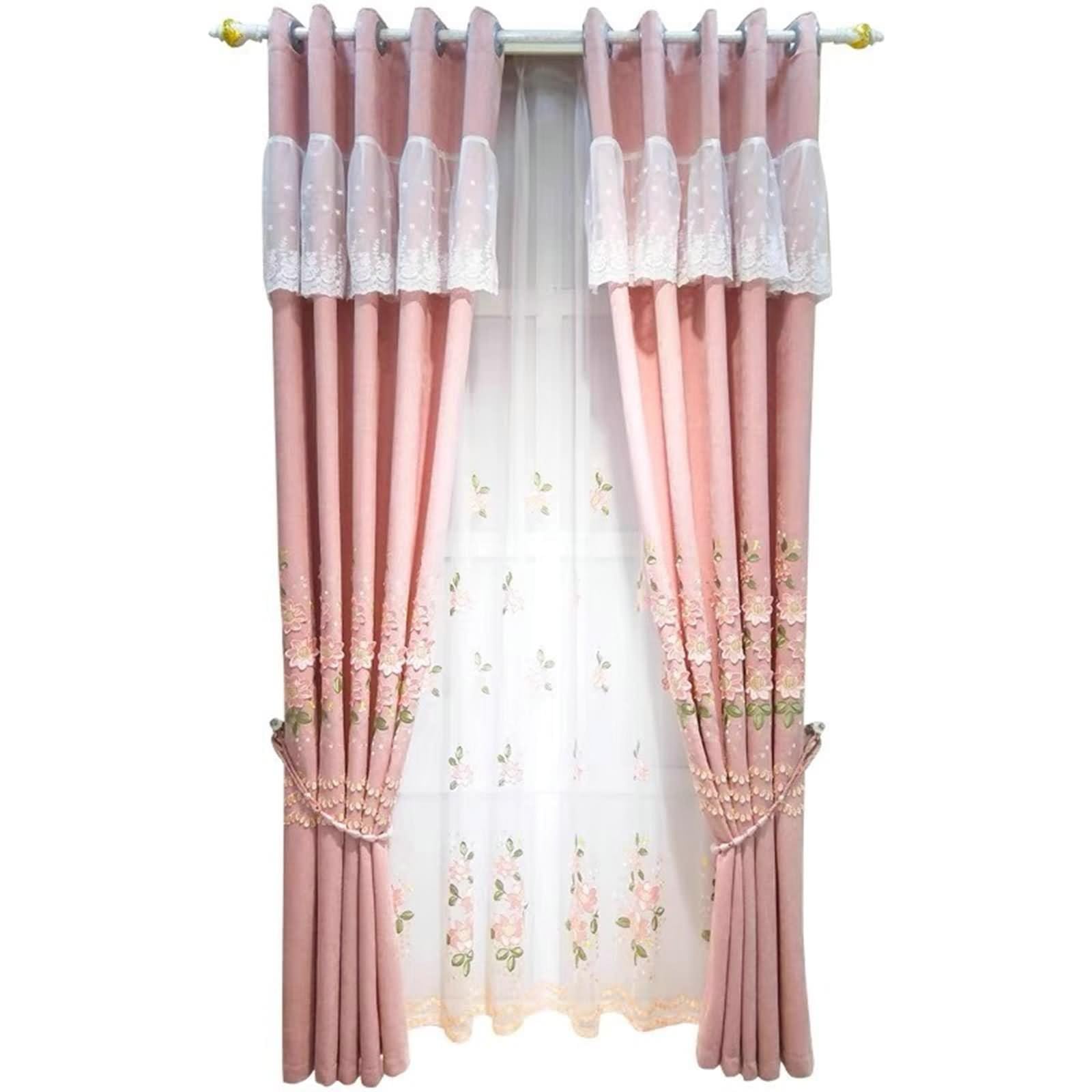 Rideau Exterieur Terrasse, Rideau Occultant Chambre Rose Fleurs et Feuilles Brodées Chenille Lot de 2 86W x 115L cm
