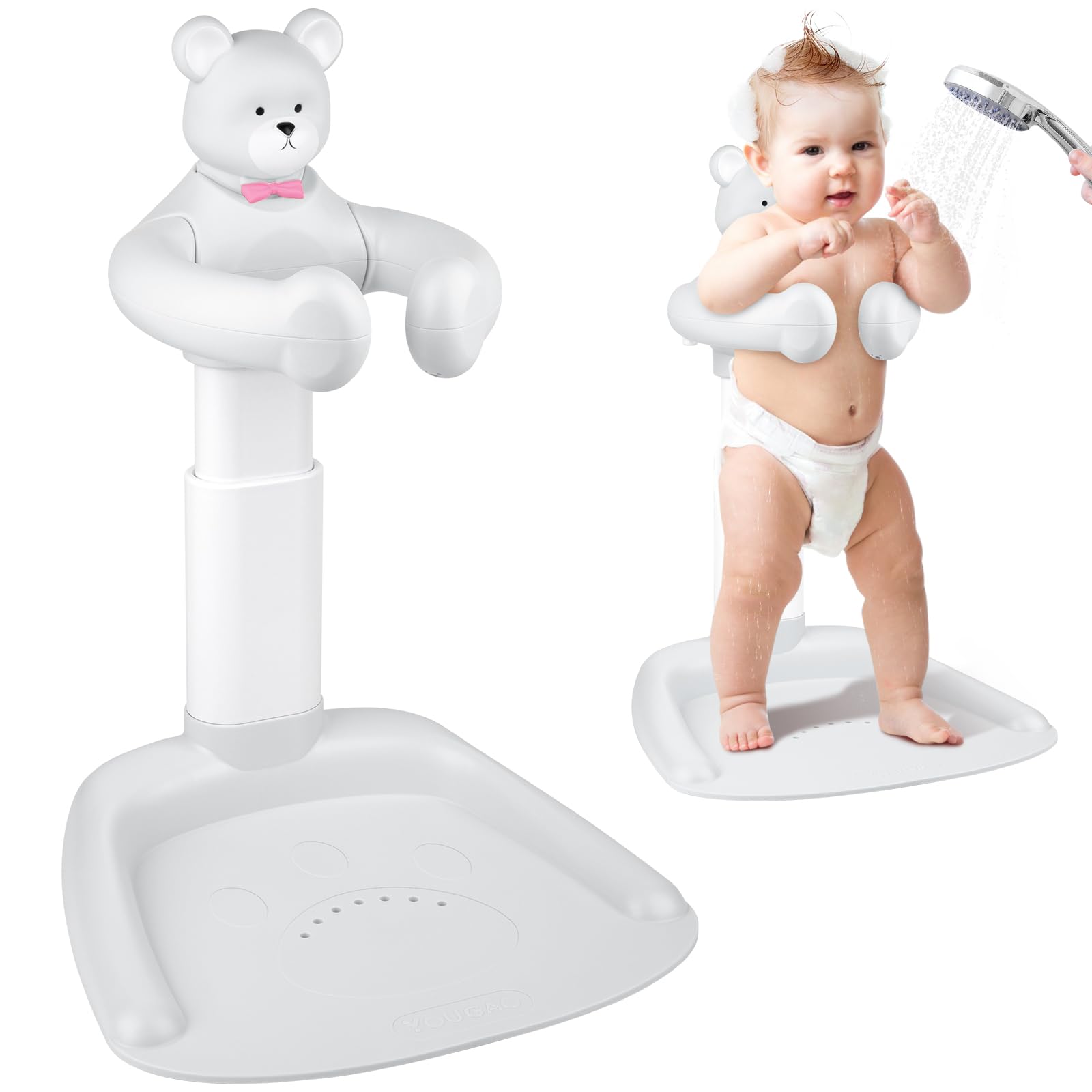 Soporte para baby shower ajustable antideslizante, soporte de pie para baby shower, soporte para pancarta de bebé, regalo ideal con oso chirriante para bebés de 8 a 36 meses, gris