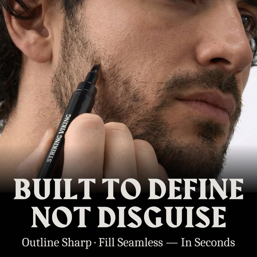 Striking Viking Beard Pencil Filler, nero medio – Set di matite da barba impermeabile, realistica e durevole con 2 penne e pennelli, migliora i peli del viso