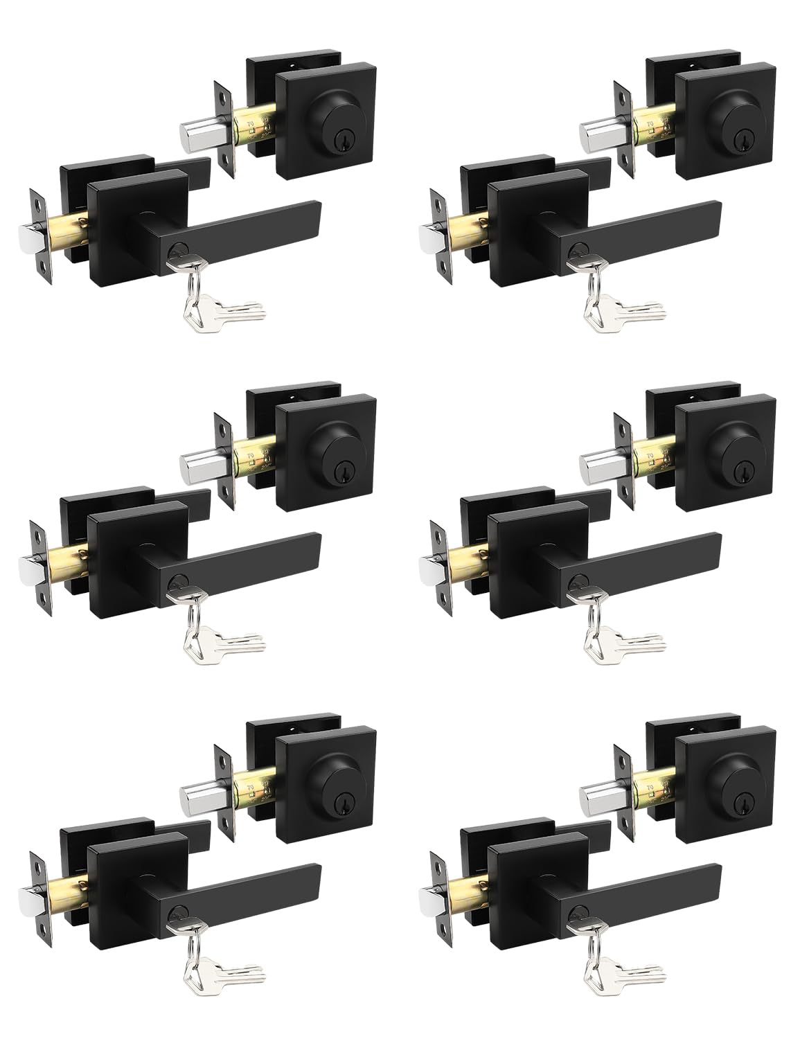 Tinewa 6 Pack Square Keyed Alike Front/Exterior Door Levers with Single Cylinder Deadbolt, Flat Black Entry Door Knob Lock Sets with Deadbolt Combination Sets, for Entrance/Front and Office Doors