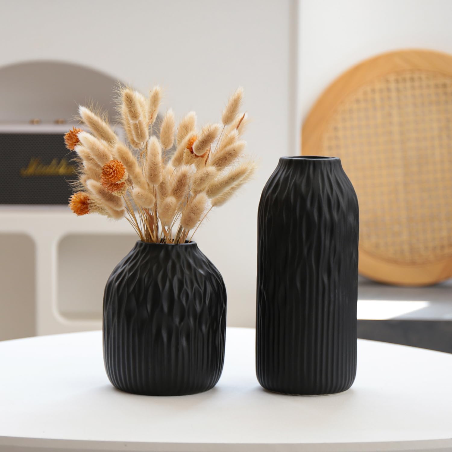 Black Ceramic Flower Vase Set of 2, Porcelain Cylindrical Dried Flowers Holder, Decorating for Drawing Room/Table/Study/Office Entryway, Modern Simple Boho Style (Black)