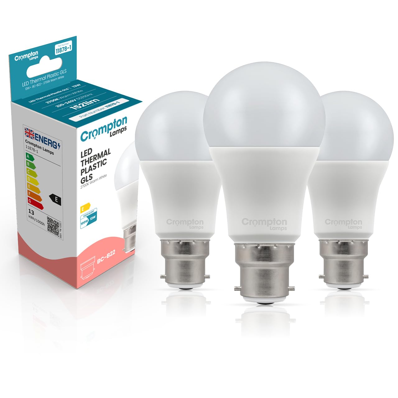 Crompton Lamps GLS LED B22 Bulb | 13W = 100W Equivalent | Warm White 2700K | Energy Efficient | Bayonet Lightbulb | Long Life 15,000-Hrs | Bulbs for Lamps | 3-Pack