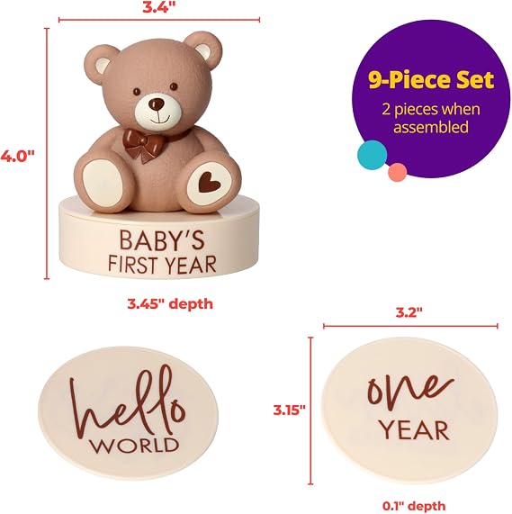 Baby Milestone Teddy Bear Cake Topper | 9 Piece Birthday Party Decoration