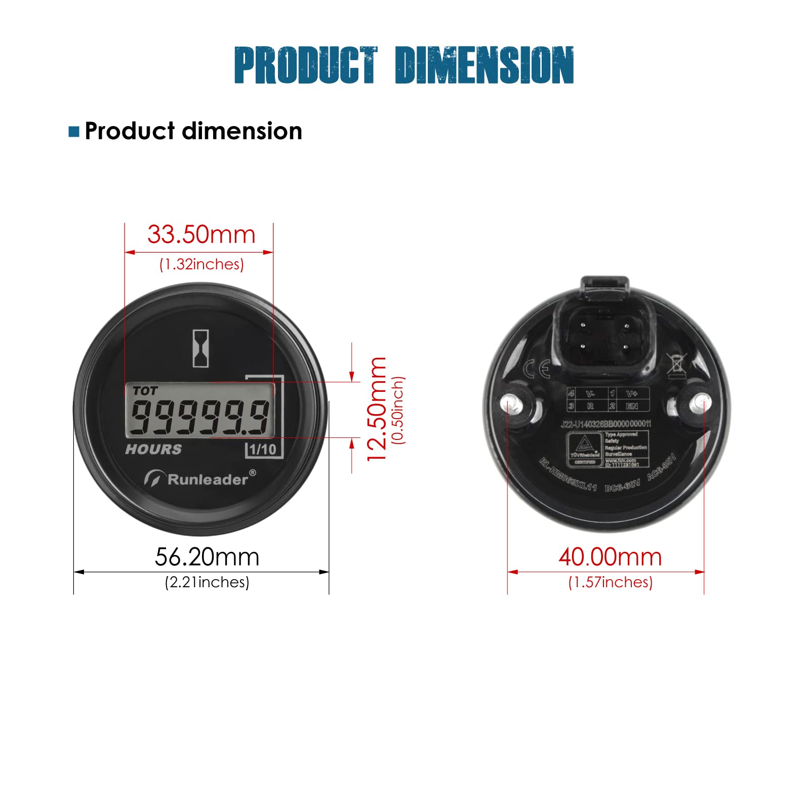 Runleader Contaore digitale, AC6 V a 85V e DC da 6V a 60V, TOT ore accumulate per trattorino da giardino ZTR Golf Cart Line Trimmer Auto elettrica Jetski Dirt Bike Spazzaneve(L: (AC6-85V/DC6-60V))